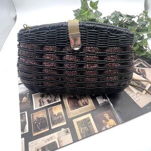 Vintage Woven Basket Weave Black Brown Gold Chain Shoulder Bag Purse